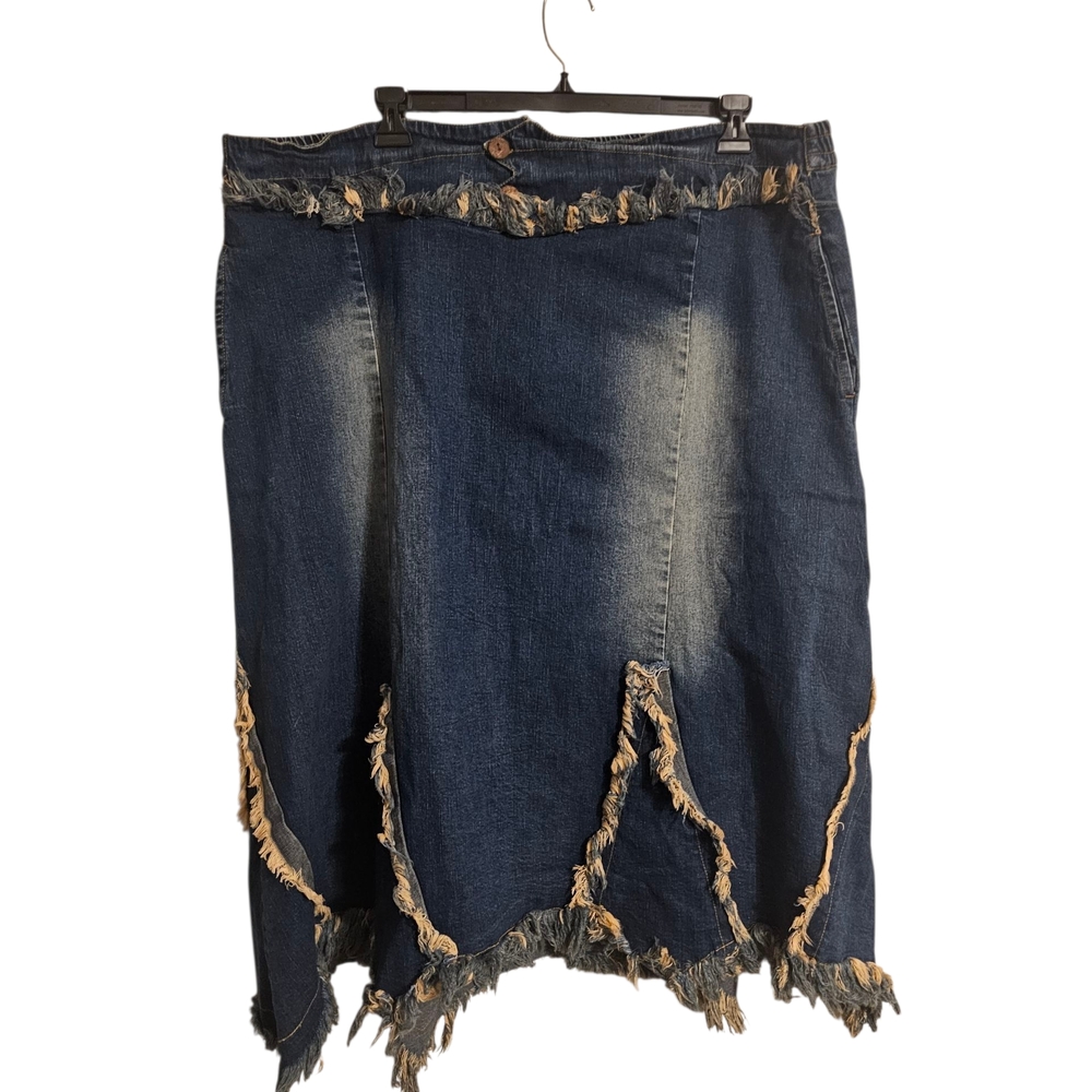 Ashro Blue Denim Fringe Hem Midi Skirt with Frayed Details Sz XXXL